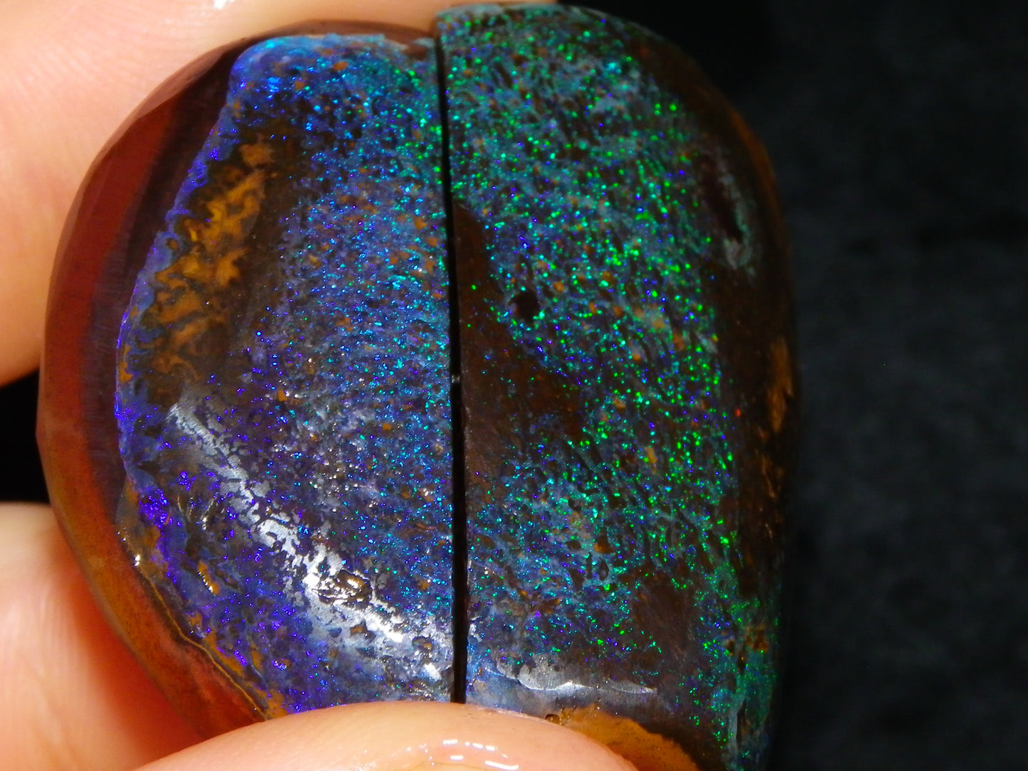 Very Nuce Rubbed Koroit Opal Sliced Nut Specimen Pair 267.5cts Blue/Green Pinfires Au