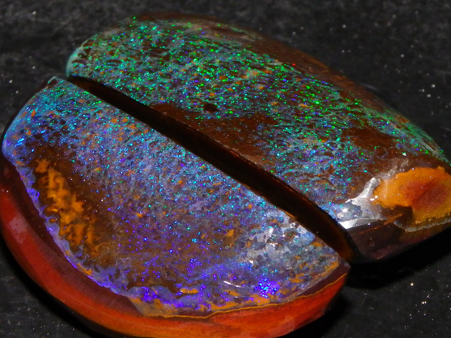 Very Nuce Rubbed Koroit Opal Sliced Nut Specimen Pair 267.5cts Blue/Green Pinfires Au