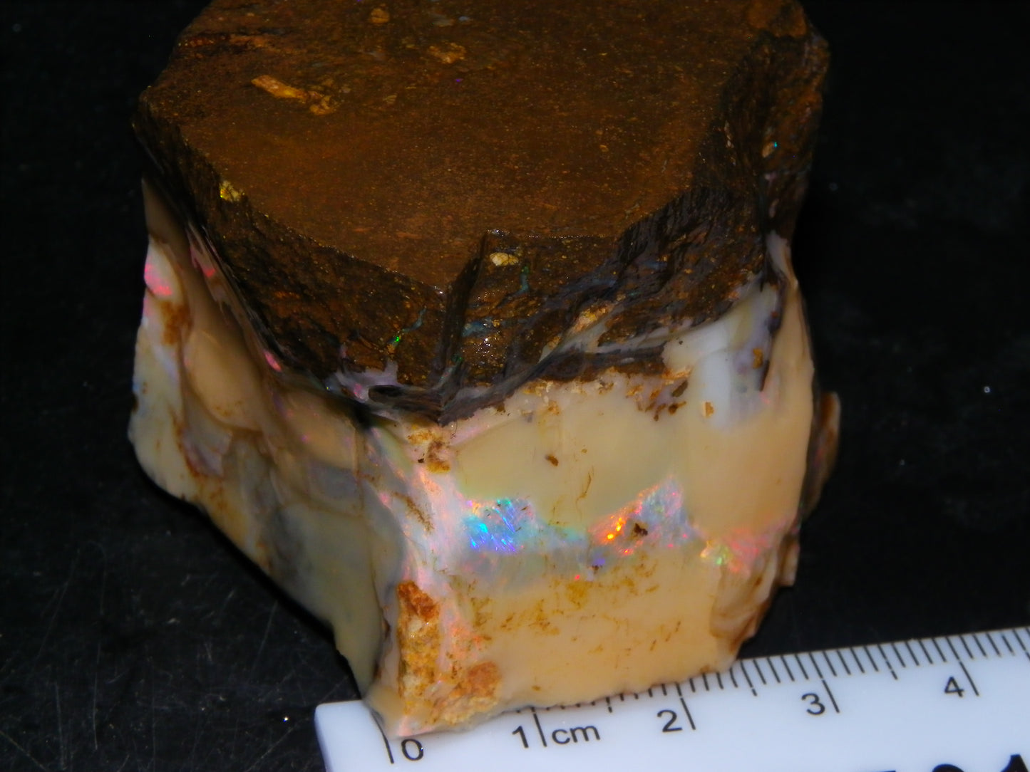 Nice Rough Boulder Opal split Specimen 693cts Ribbon of Fires across Caramel potch Winton