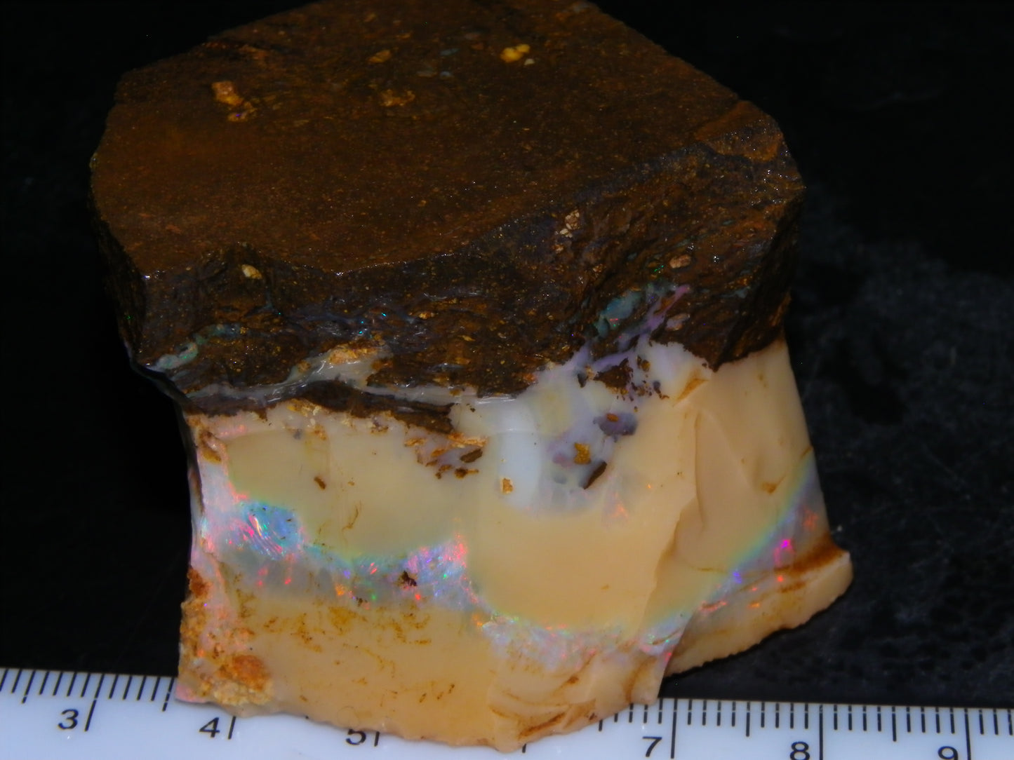Nice Rough Boulder Opal split Specimen 693cts Ribbon of Fires across Caramel potch Winton