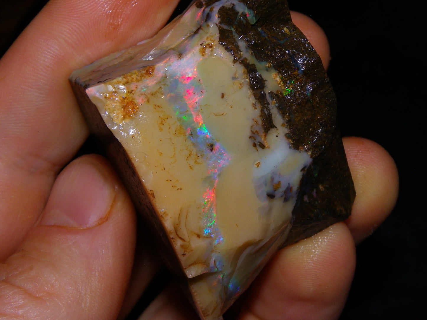 Nice Rough Boulder Opal split Specimen 693cts Ribbon of Fires across Caramel potch Winton