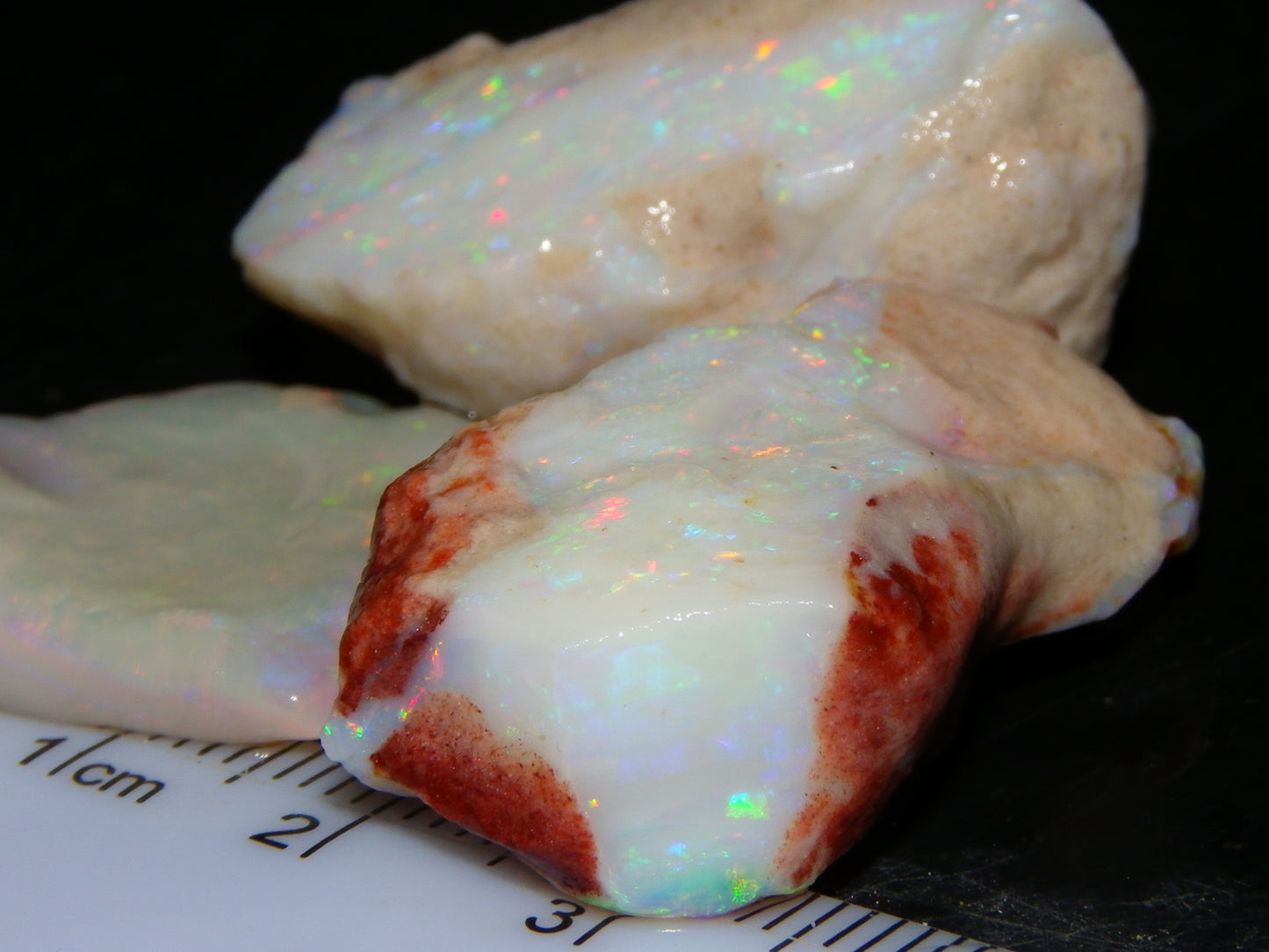 3 Nice Rough Coober Pedy Opals 78.4cts Multicolour Fires/Bars White/Crystal Base