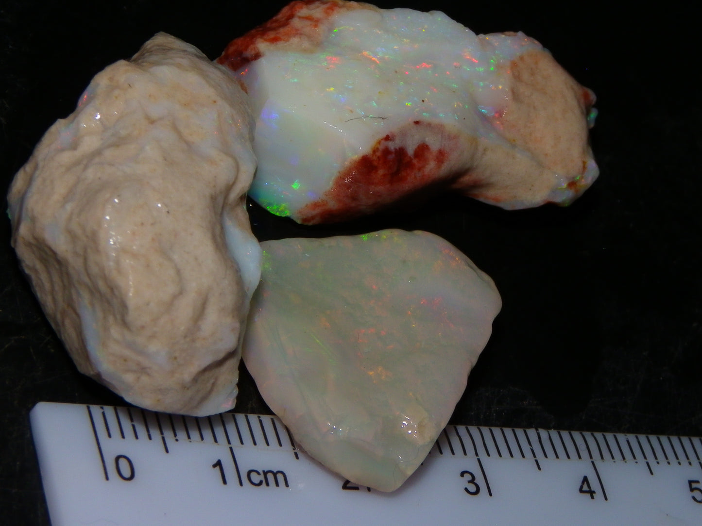 3 Nice Rough Coober Pedy Opals 78.4cts Multicolour Fires/Bars White/Crystal Base