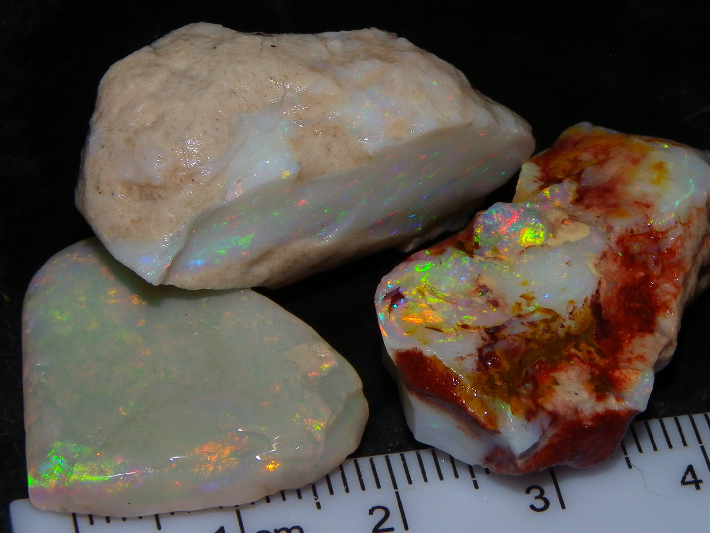 3 Nice Rough Coober Pedy Opals 78.4cts Multicolour Fires/Bars White/Crystal Base