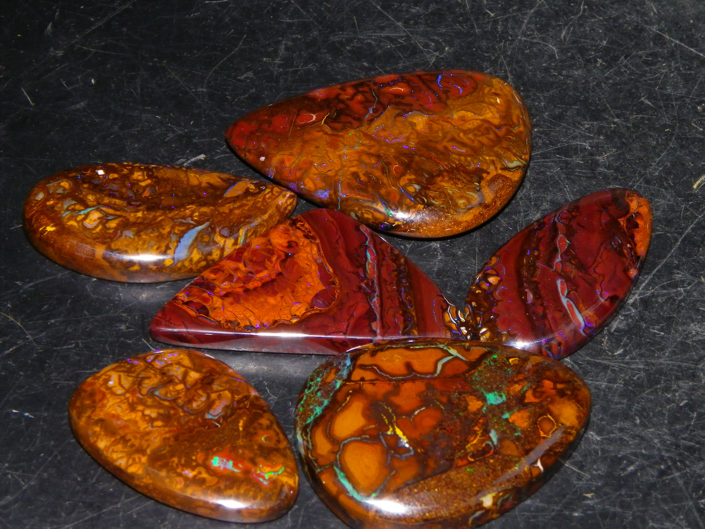 6 Cut/Polished Koroit Boulder Opal Cabs/Freeforms 219.5cts Patterns/Some Fires Qld Au