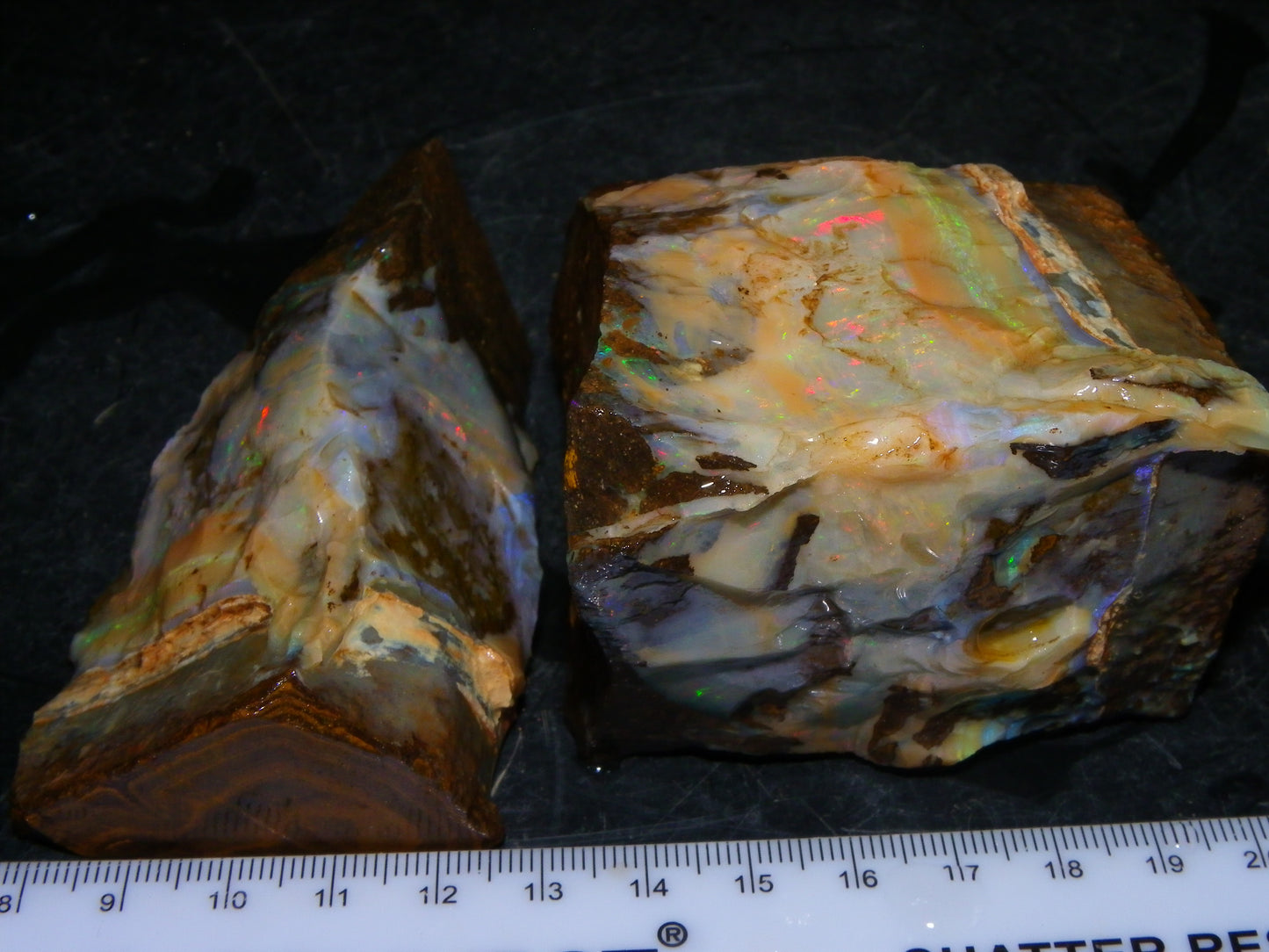 2 Large Split Queensland Boulder Opals 3086cts 5 Faces with Fires 2 matching Split