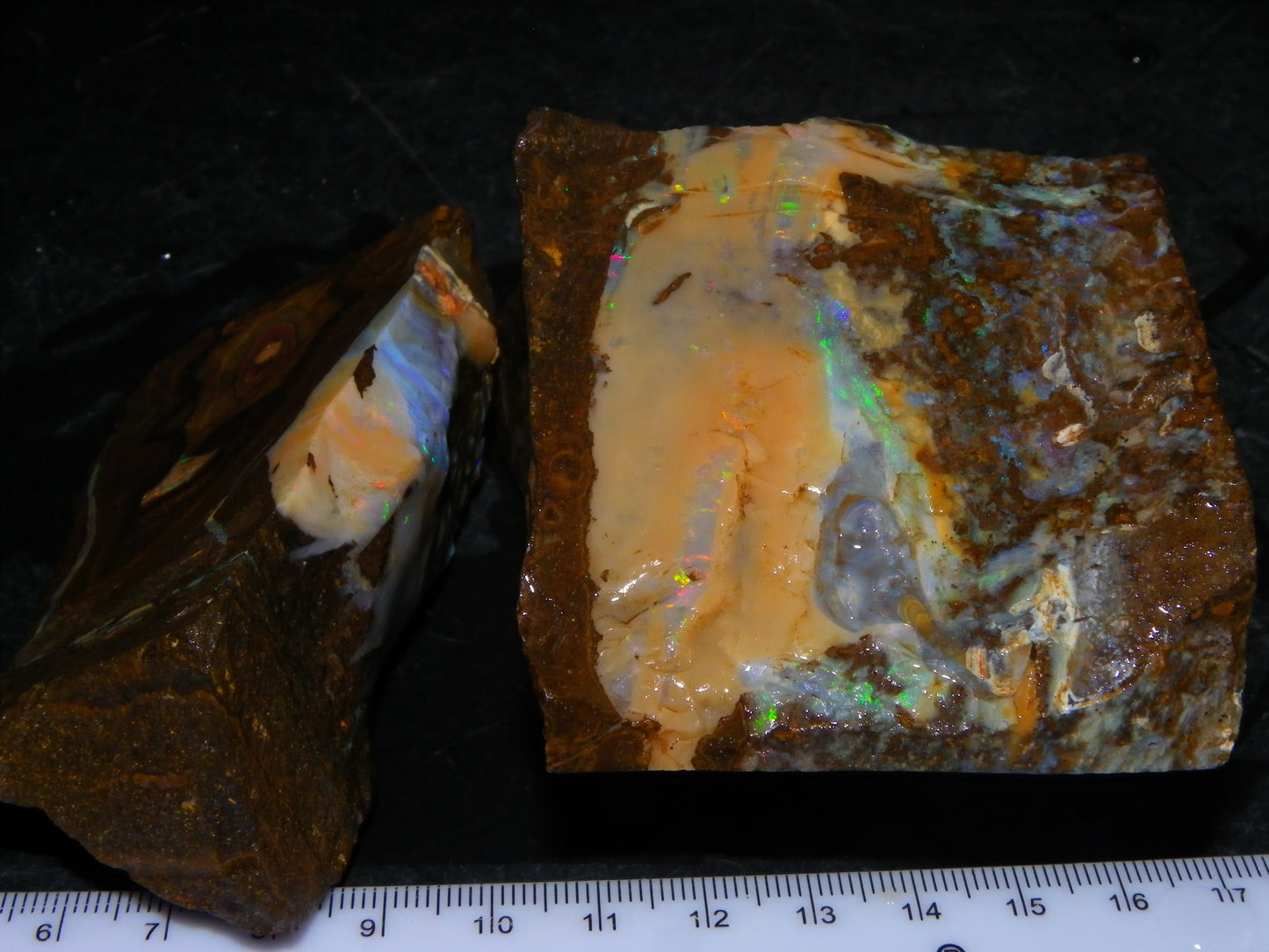 2 Large Split Queensland Boulder Opals 3086cts 5 Faces with Fires 2 matching Split
