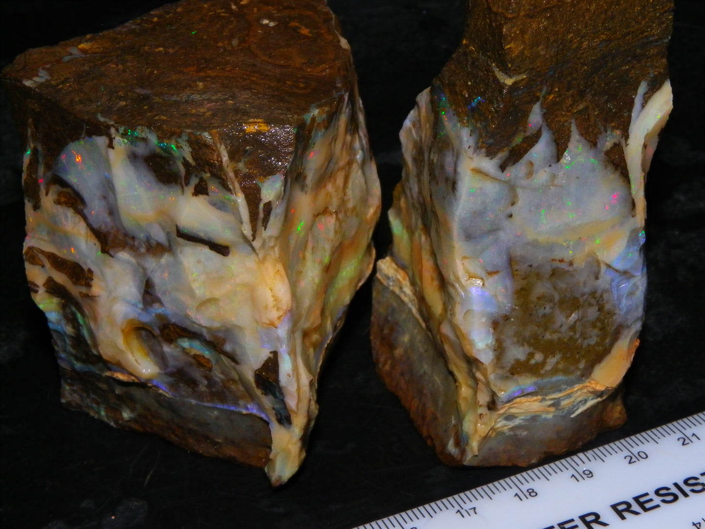 2 Large Split Queensland Boulder Opals 3086cts 5 Faces with Fires 2 matching Split