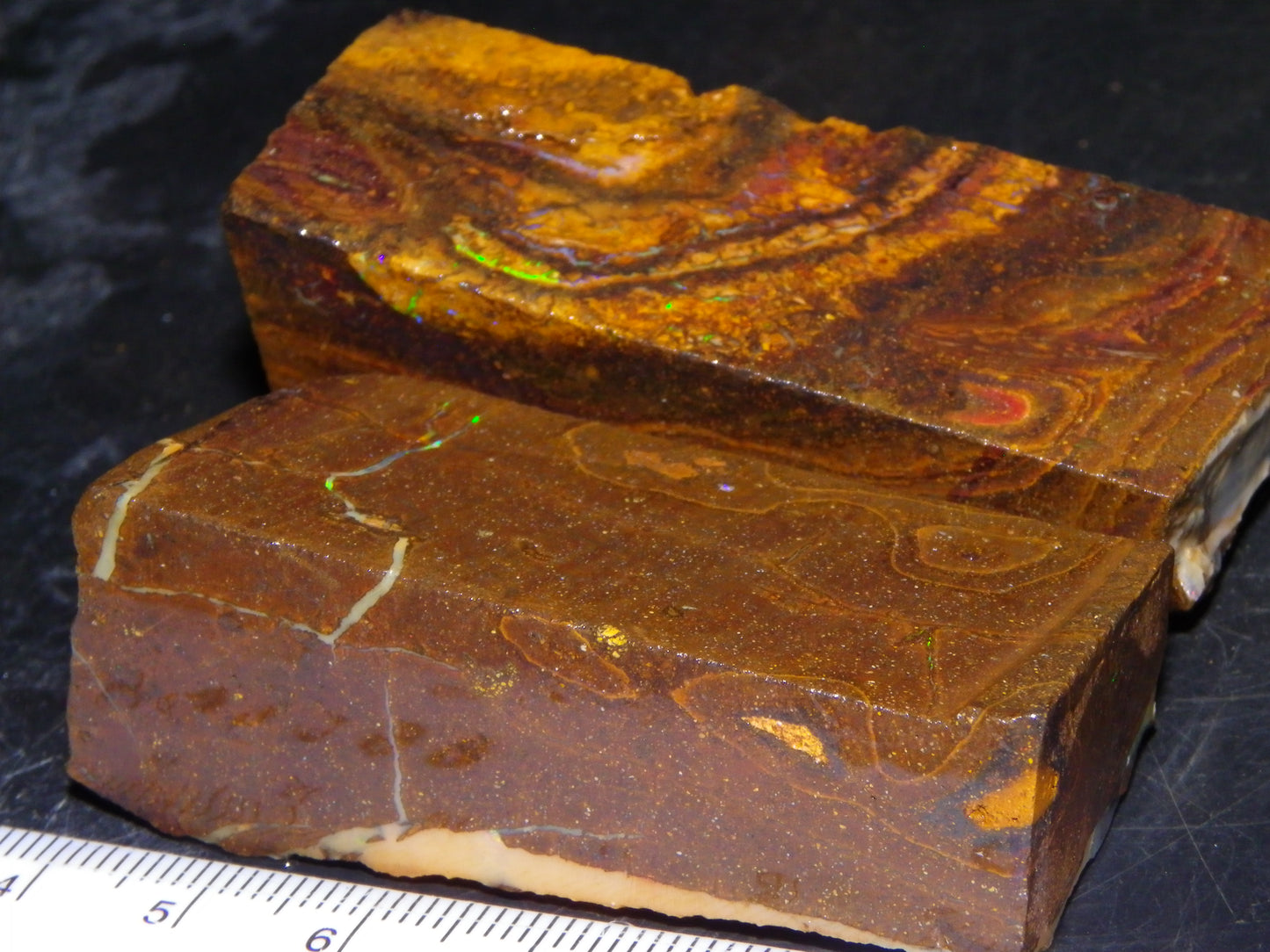 Nice Rough Sliced/Split Boulder Opals 578cts Green/Gold Stripes/Fires Some Reds