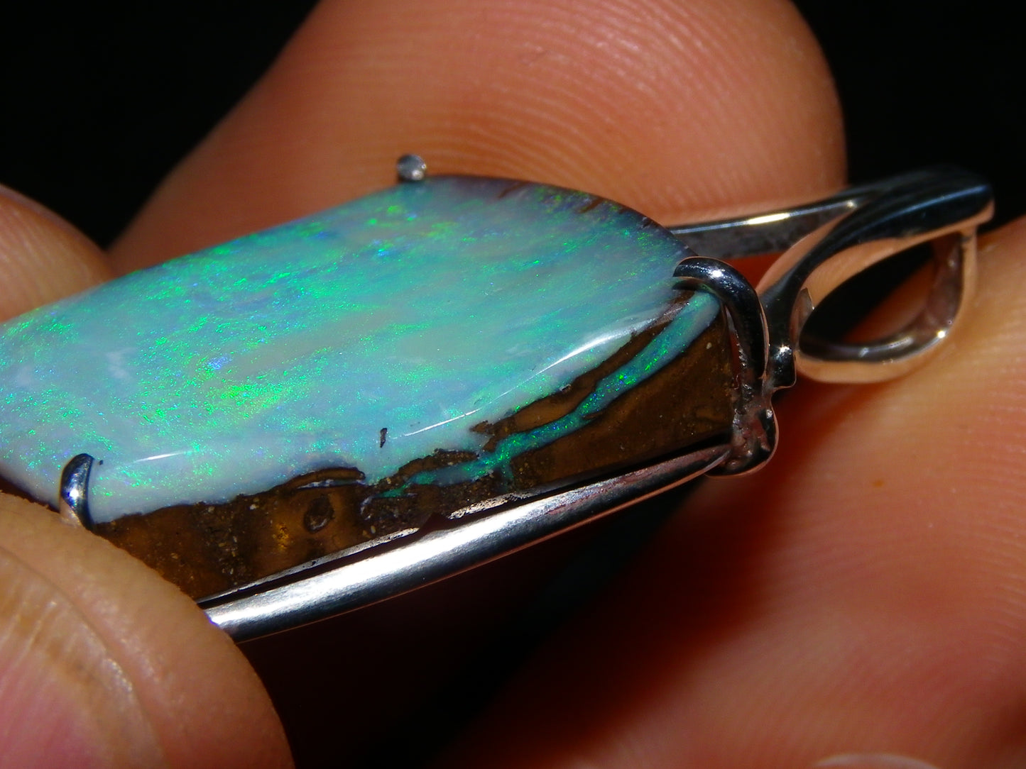 Very Nice Queensland Boulder Opal 925 Silver Pendant 6.4 Grams Green/Blue Fires Handmade