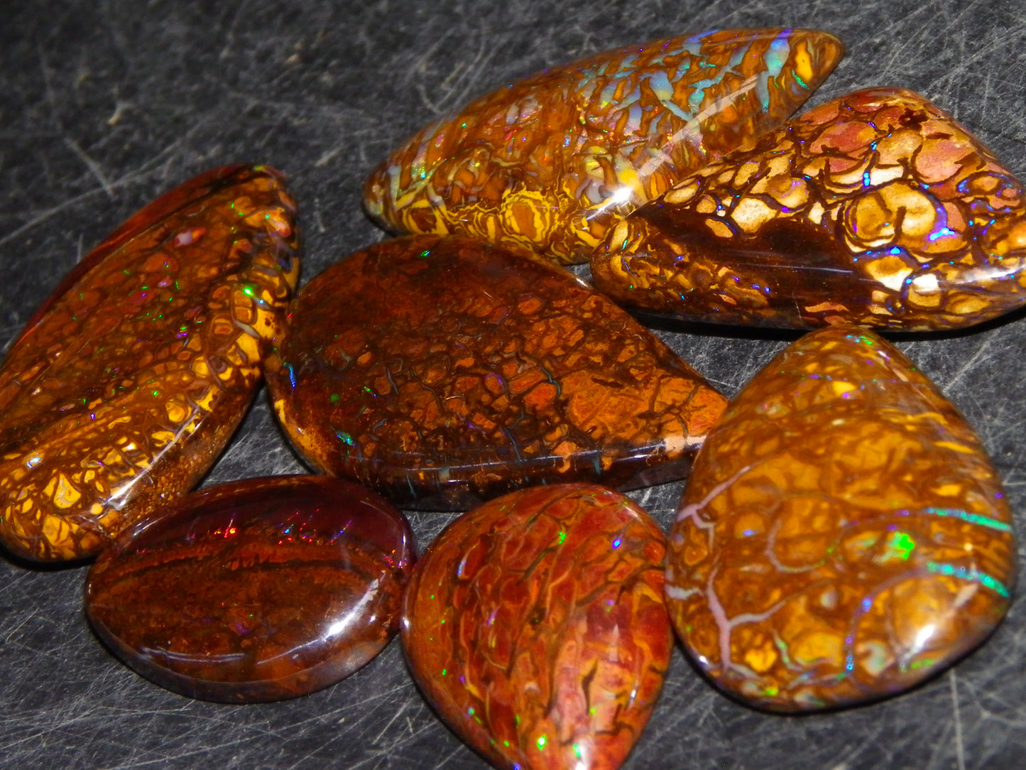 7 Nice Koroit Opal Cabs/Freeforms 96.9cts Green/Blues Patterns double sided Qld Au