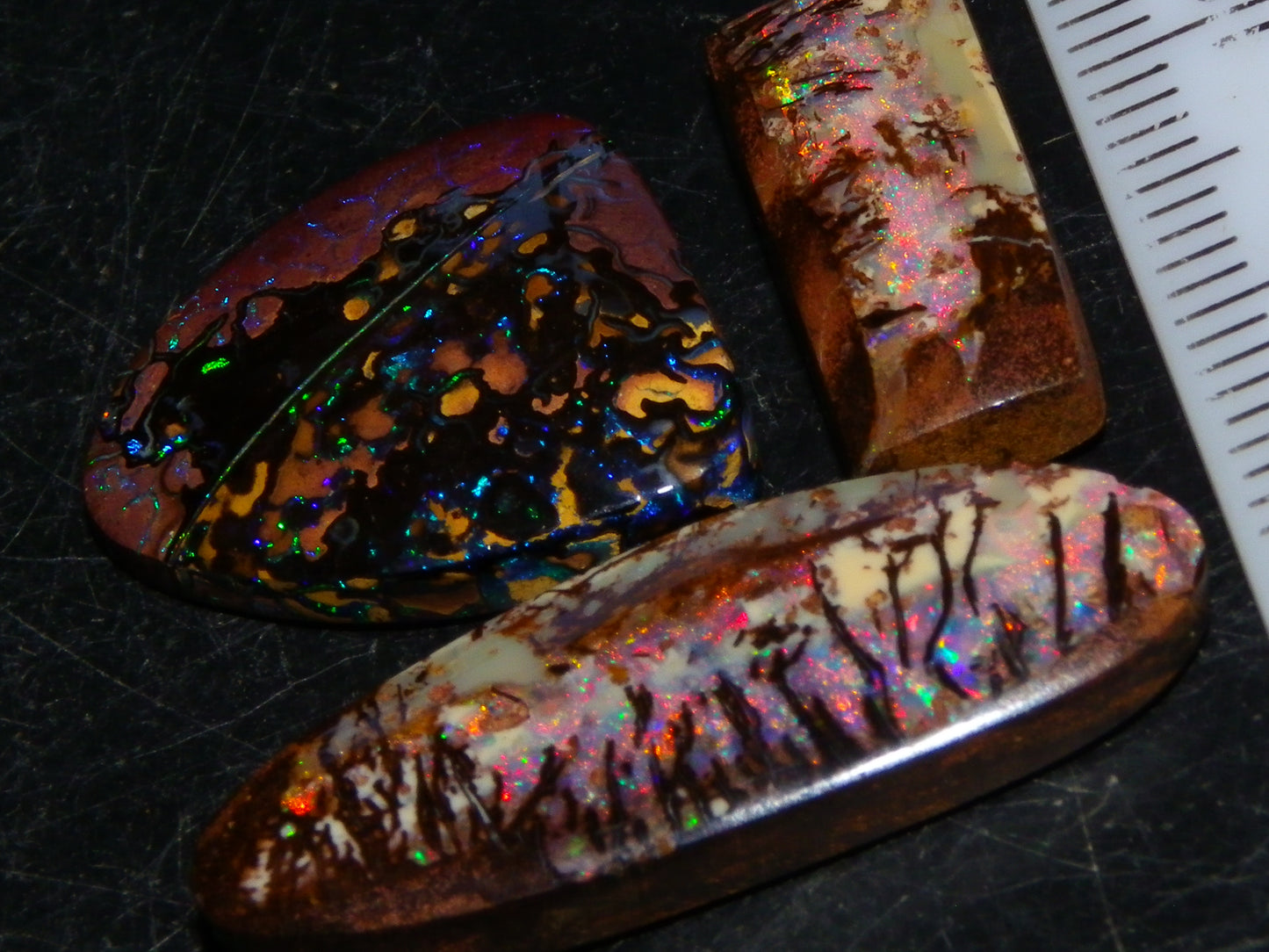 3 Nice Gem Cut/Polished Koroit Opals 35.31cts 2 Wood Replacement 1 Pattern Red/Green Fires