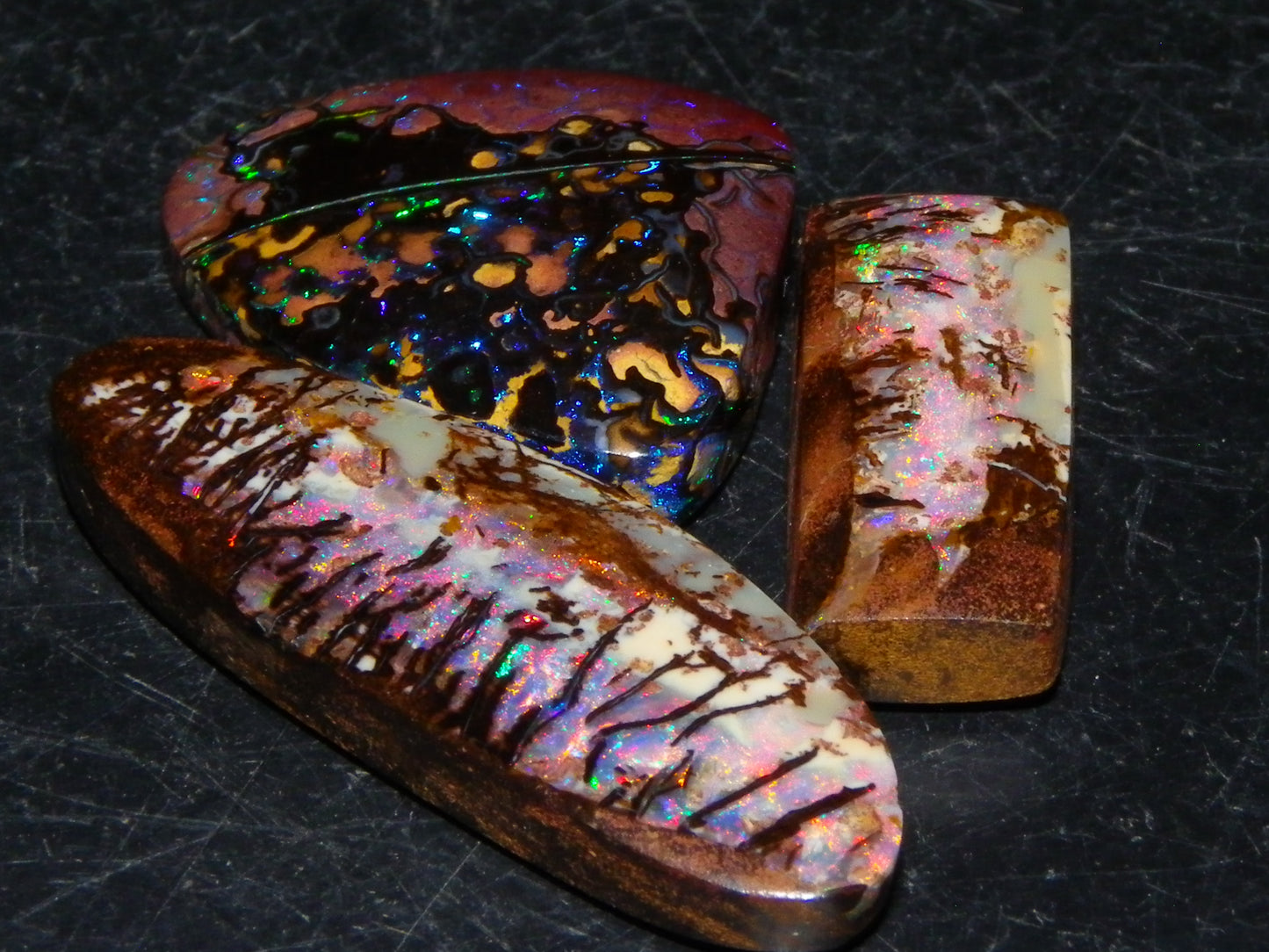 3 Nice Gem Cut/Polished Koroit Opals 35.31cts 2 Wood Replacement 1 Pattern Red/Green Fires