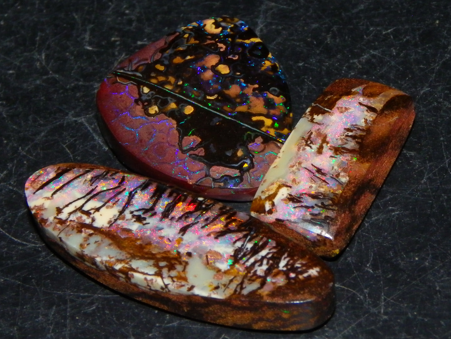 3 Nice Gem Cut/Polished Koroit Opals 35.31cts 2 Wood Replacement 1 Pattern Red/Green Fires
