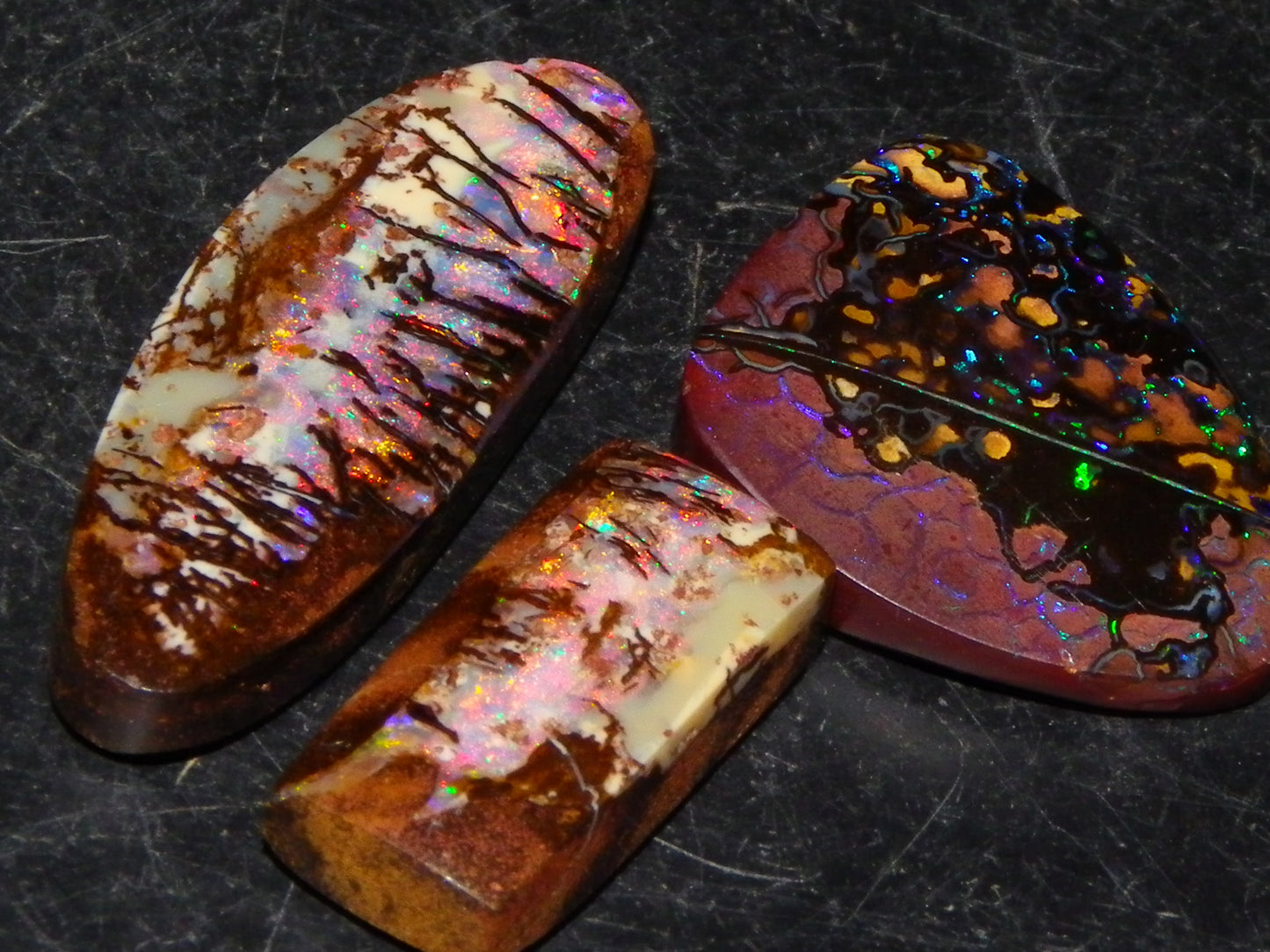 3 Nice Gem Cut/Polished Koroit Opals 35.31cts 2 Wood Replacement 1 Pattern Red/Green Fires