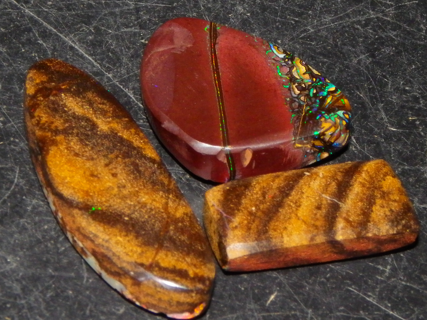 3 Nice Gem Cut/Polished Koroit Opals 35.31cts 2 Wood Replacement 1 Pattern Red/Green Fires