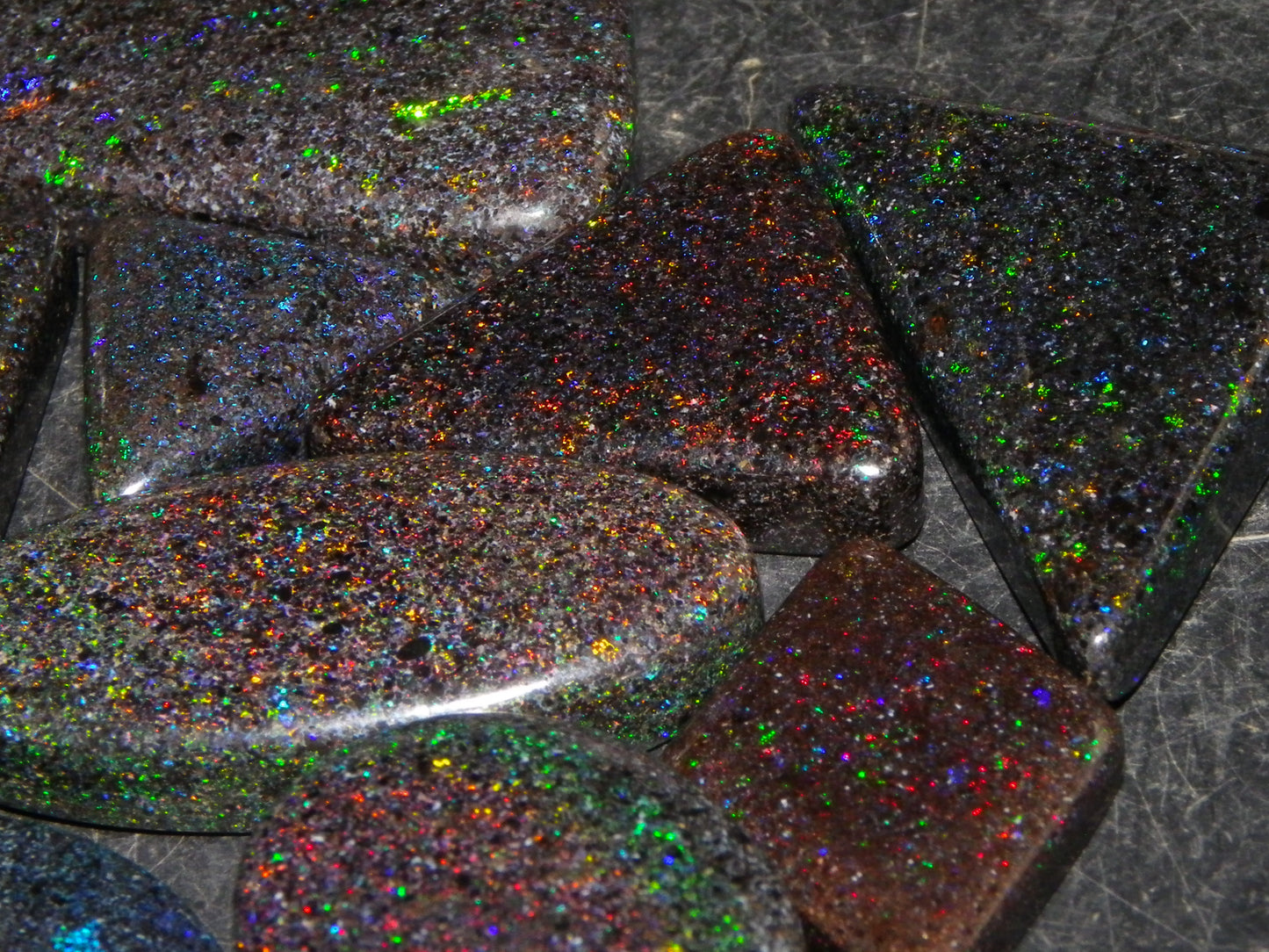 13 Nice Cut/Polished /Treated Andamooka Matrix Opals 143cts Red/Green/Blue Fires