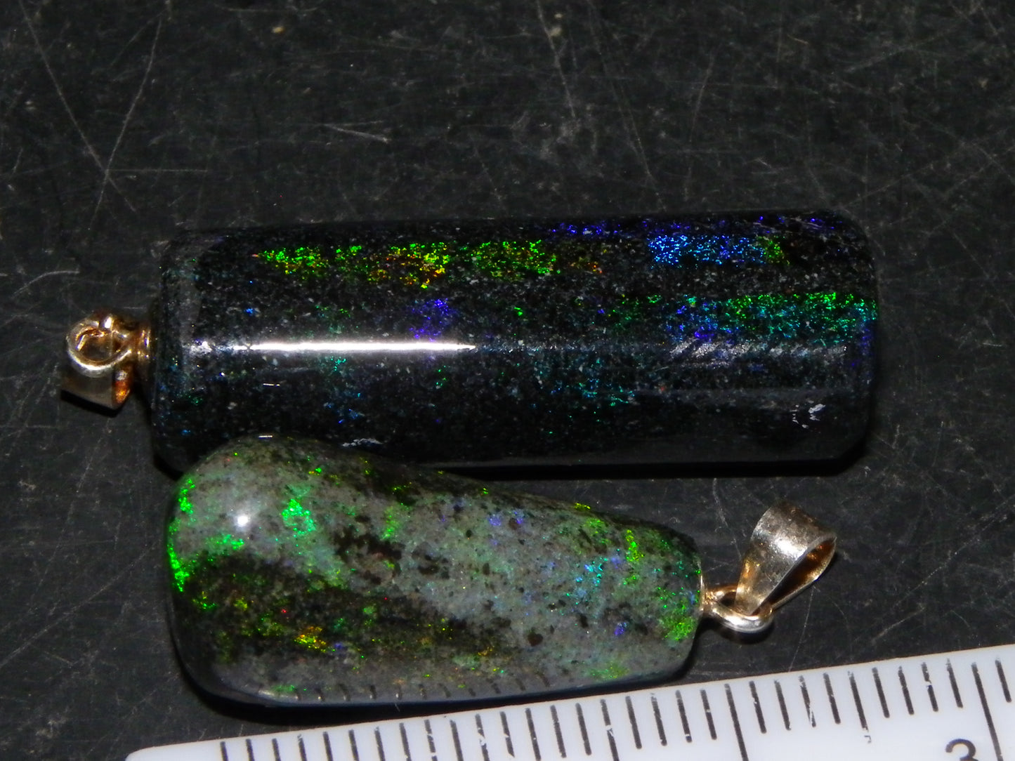 2 Nice Cut/Polished/Treated Andamooka Matrix Opals 31.7cts Silver 925 Pendants Blue/Green Fires