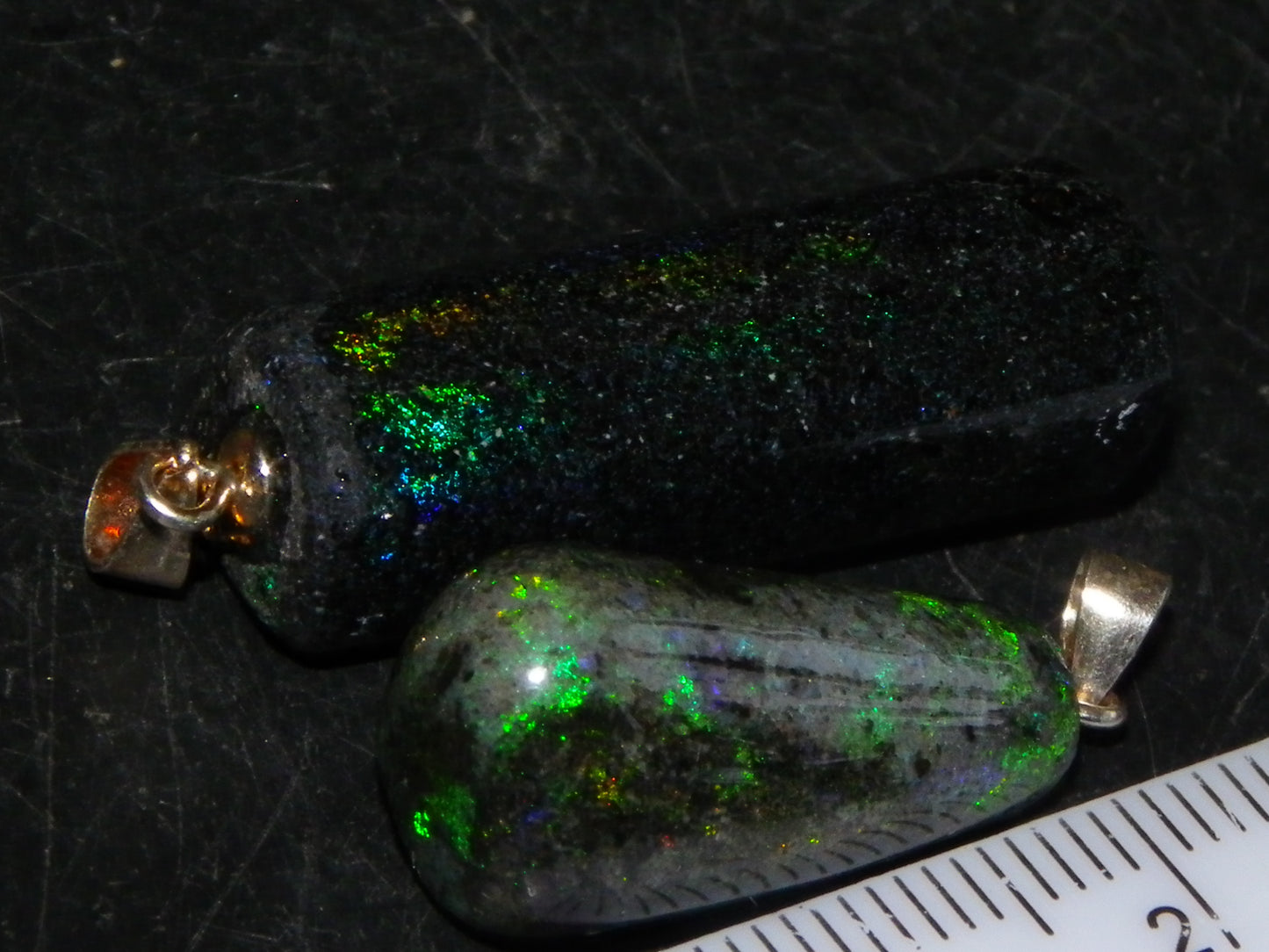 2 Nice Cut/Polished/Treated Andamooka Matrix Opals 31.7cts Silver 925 Pendants Blue/Green Fires