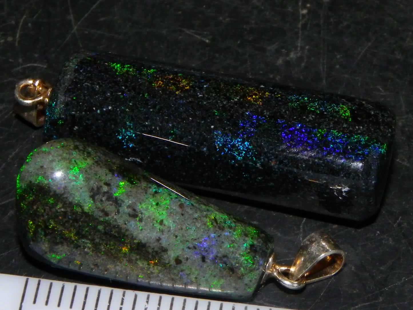 2 Nice Cut/Polished/Treated Andamooka Matrix Opals 31.7cts Silver 925 Pendants Blue/Green Fires