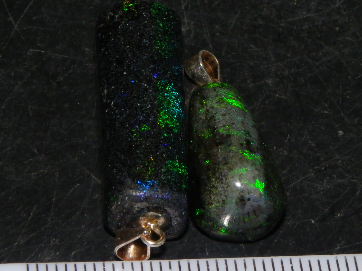 2 Nice Cut/Polished/Treated Andamooka Matrix Opals 31.7cts Silver 925 Pendants Blue/Green Fires