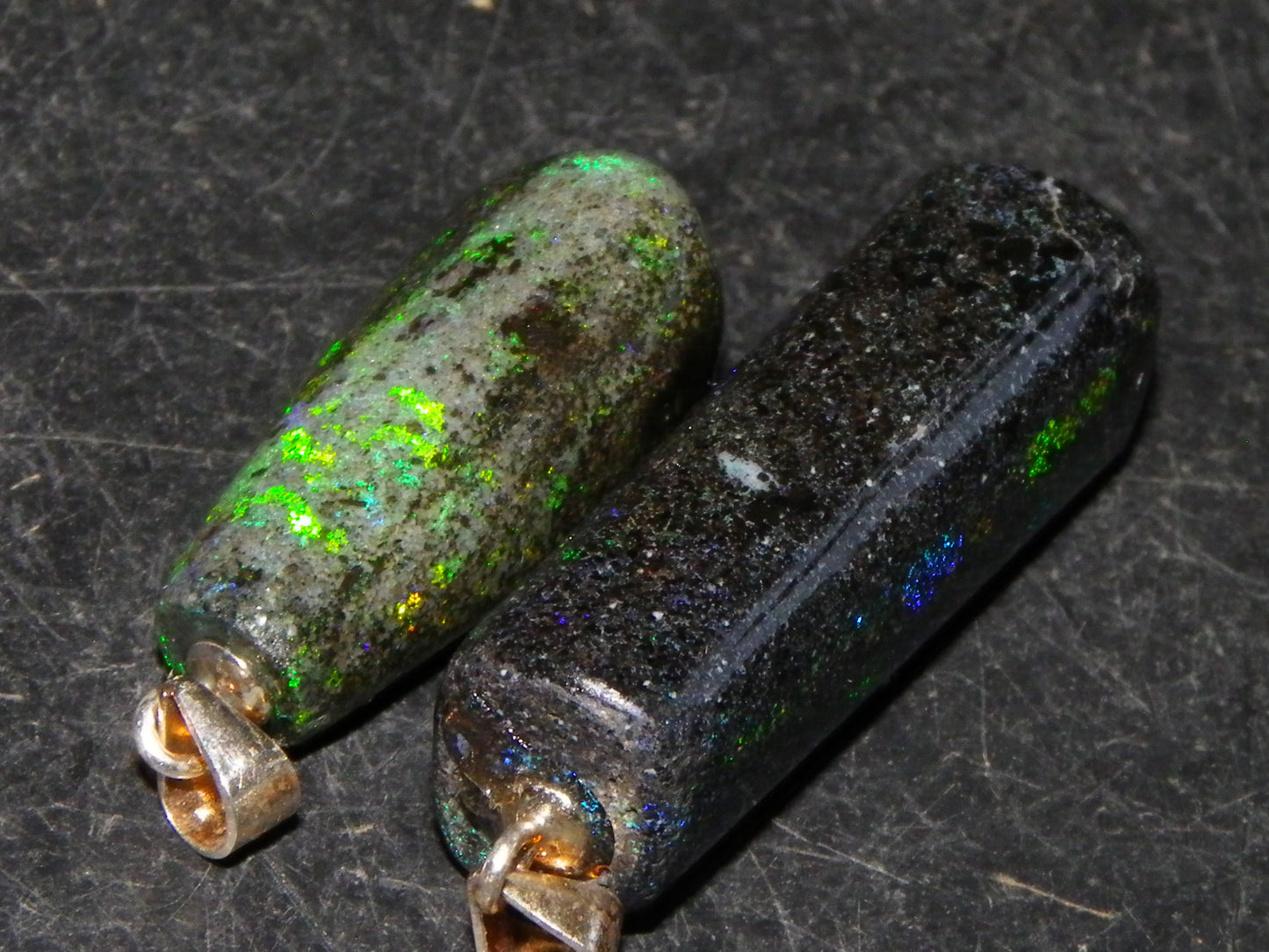 2 Nice Cut/Polished/Treated Andamooka Matrix Opals 31.7cts Silver 925 Pendants Blue/Green Fires