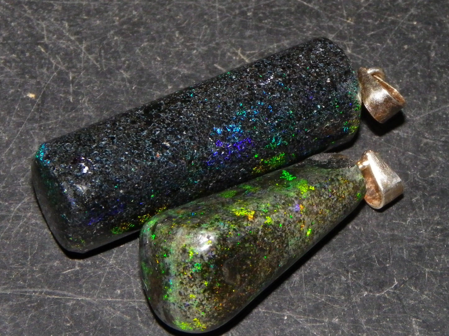 2 Nice Cut/Polished/Treated Andamooka Matrix Opals 31.7cts Silver 925 Pendants Blue/Green Fires