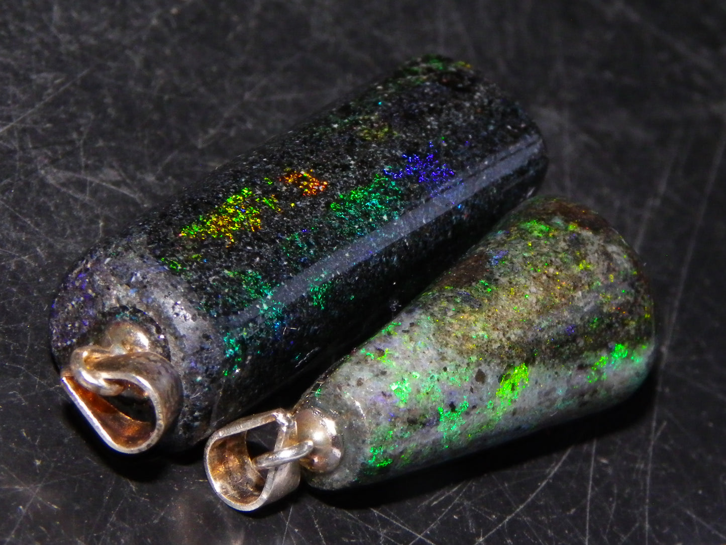 2 Nice Cut/Polished/Treated Andamooka Matrix Opals 31.7cts Silver 925 Pendants Blue/Green Fires