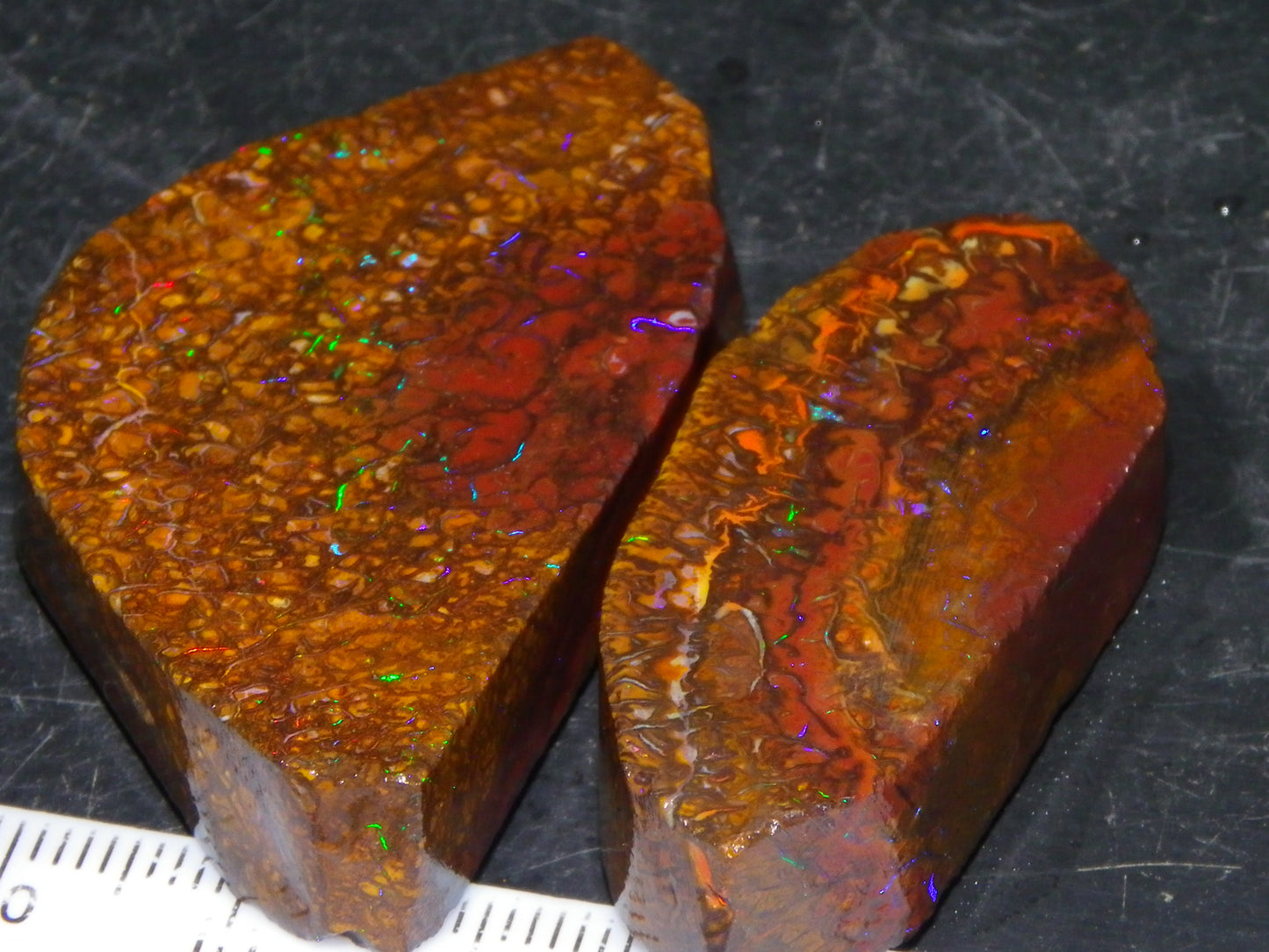 2 Nice Rubbed/Preform Koroit Opals 215.3cts Patterns/Fires Queensland Australia