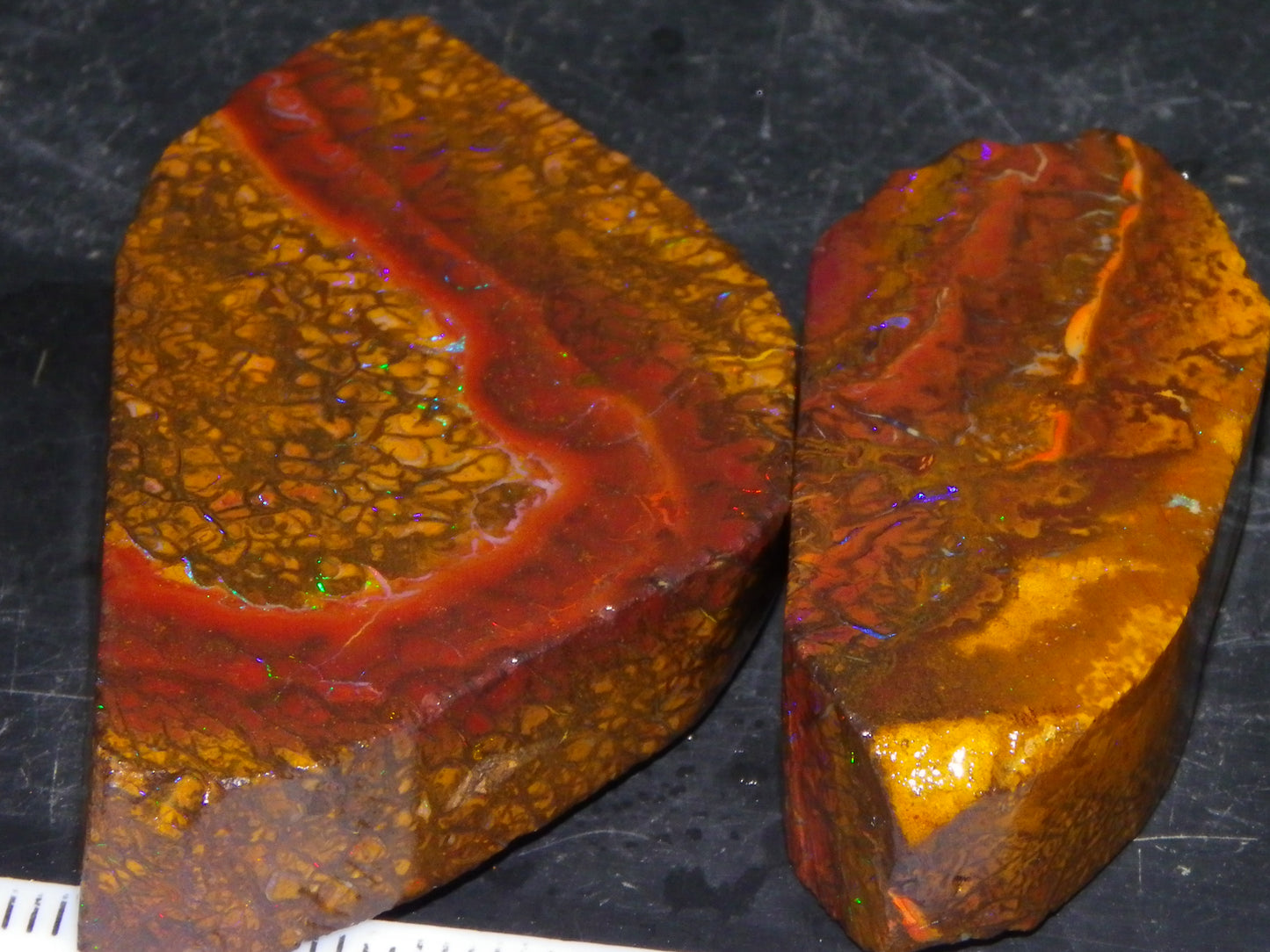 2 Nice Rubbed/Preform Koroit Opals 215.3cts Patterns/Fires Queensland Australia