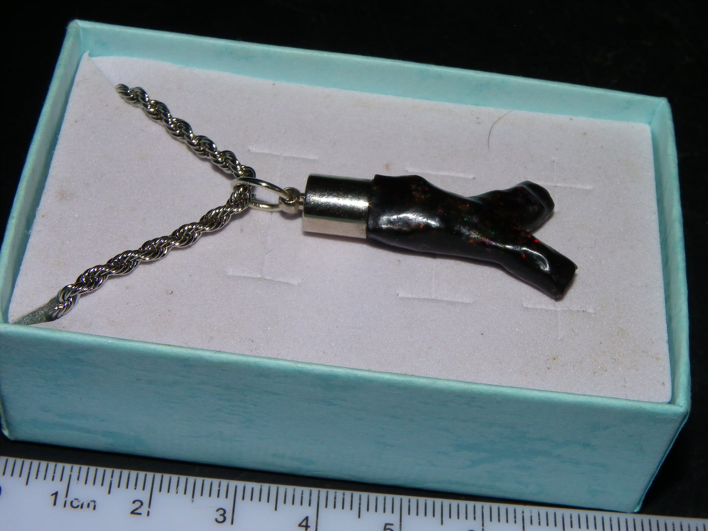 Nice Indonesian Branch Fossil Opal Pendant 46.1cts Inc Chain Red Fires/Gift Box