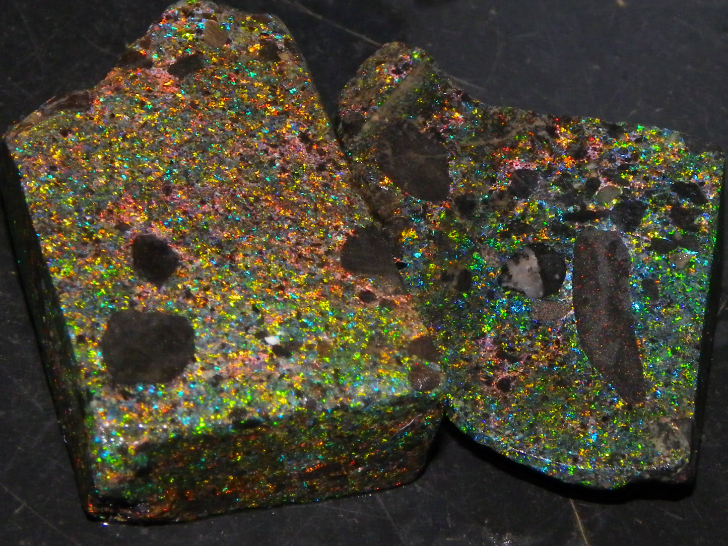 2 Quality/Sliced Andamooka Matrix Opals 84.5cts Multicolour Fires Australia (N)