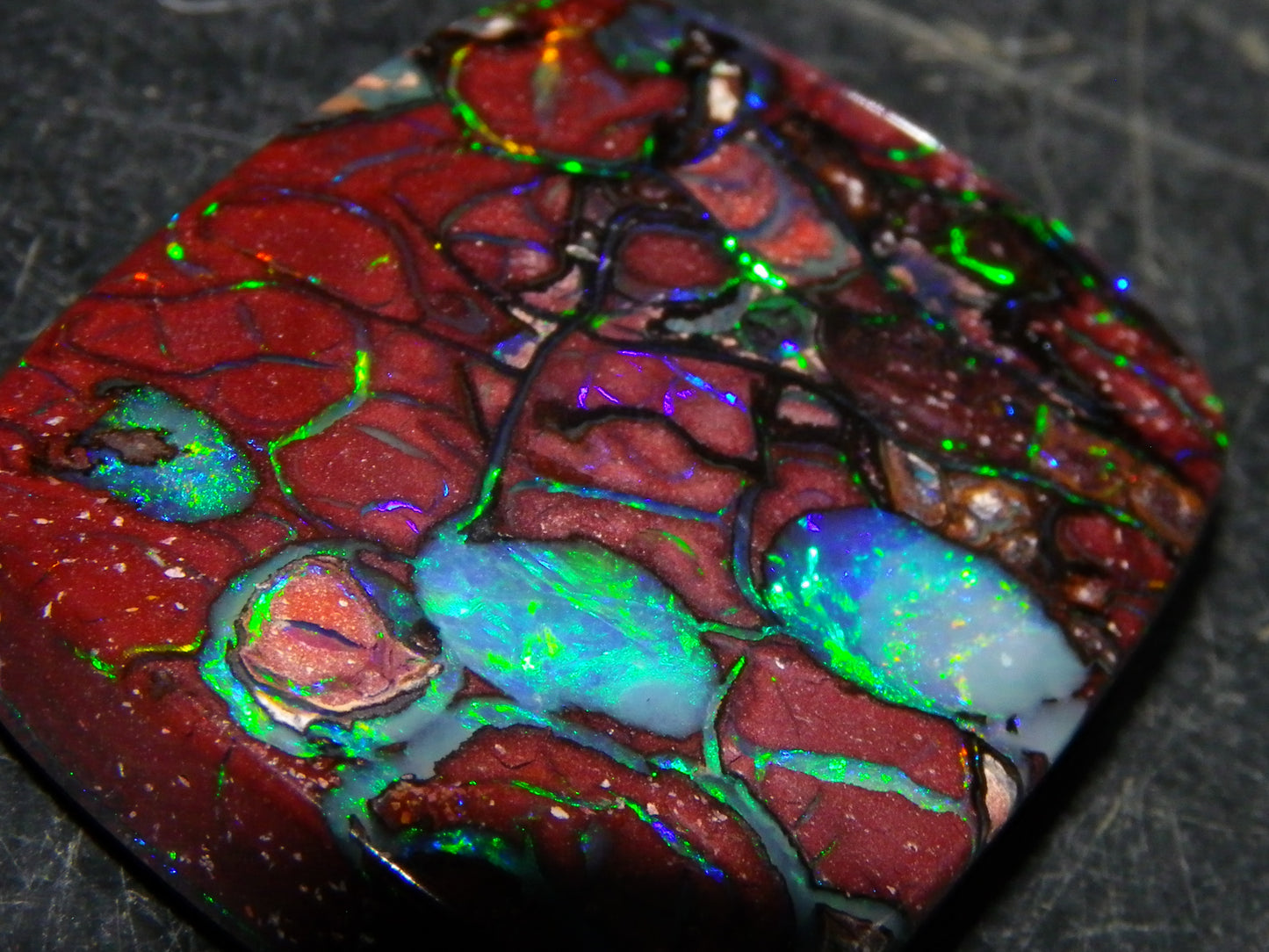 Unusual Gem Koroit Opal Cab 45.28cts Pools/Ponds of Opal Bright Green Veins Qld Australia