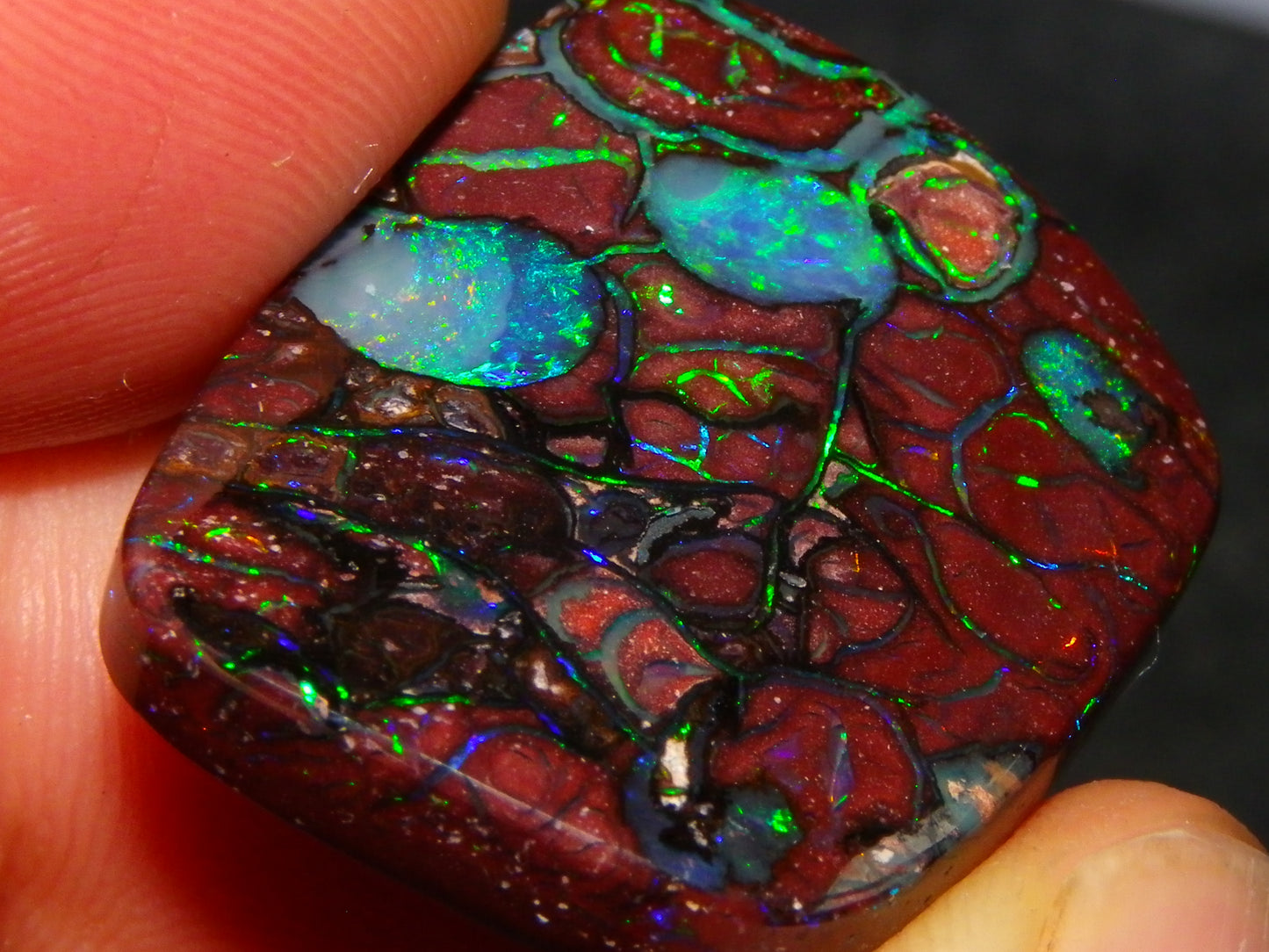Unusual Gem Koroit Opal Cab 45.28cts Pools/Ponds of Opal Bright Green Veins Qld Australia