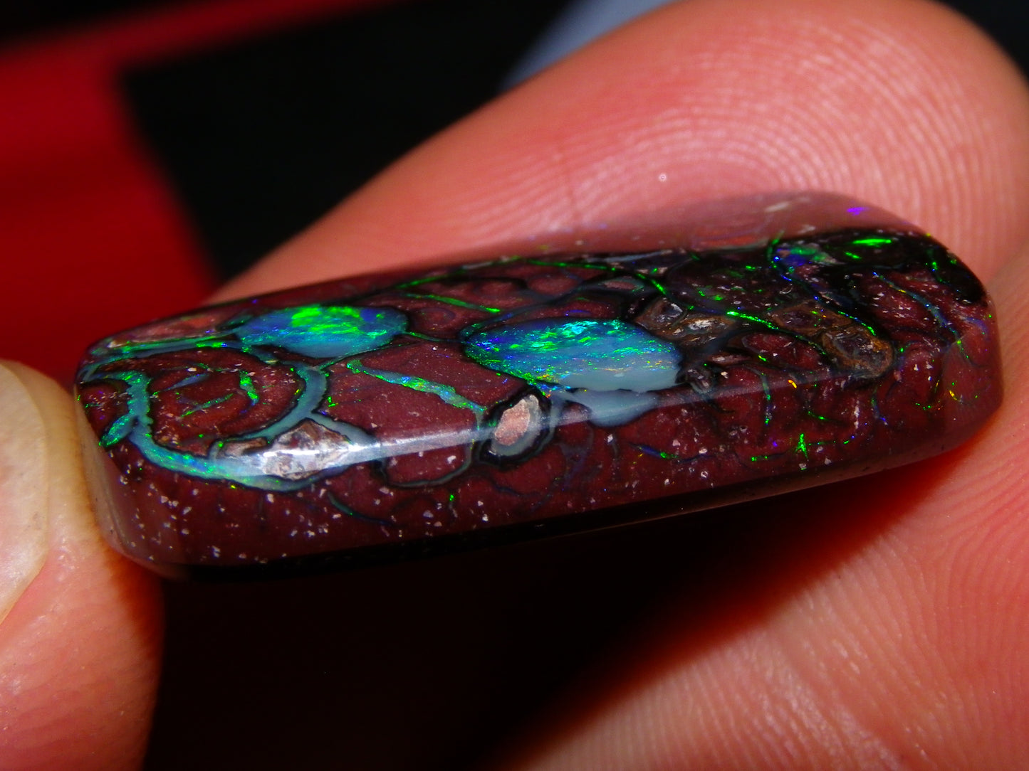 Unusual Gem Koroit Opal Cab 45.28cts Pools/Ponds of Opal Bright Green Veins Qld Australia