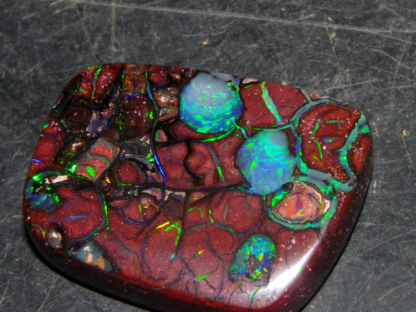 Unusual Gem Koroit Opal Cab 45.28cts Pools/Ponds of Opal Bright Green Veins Qld Australia