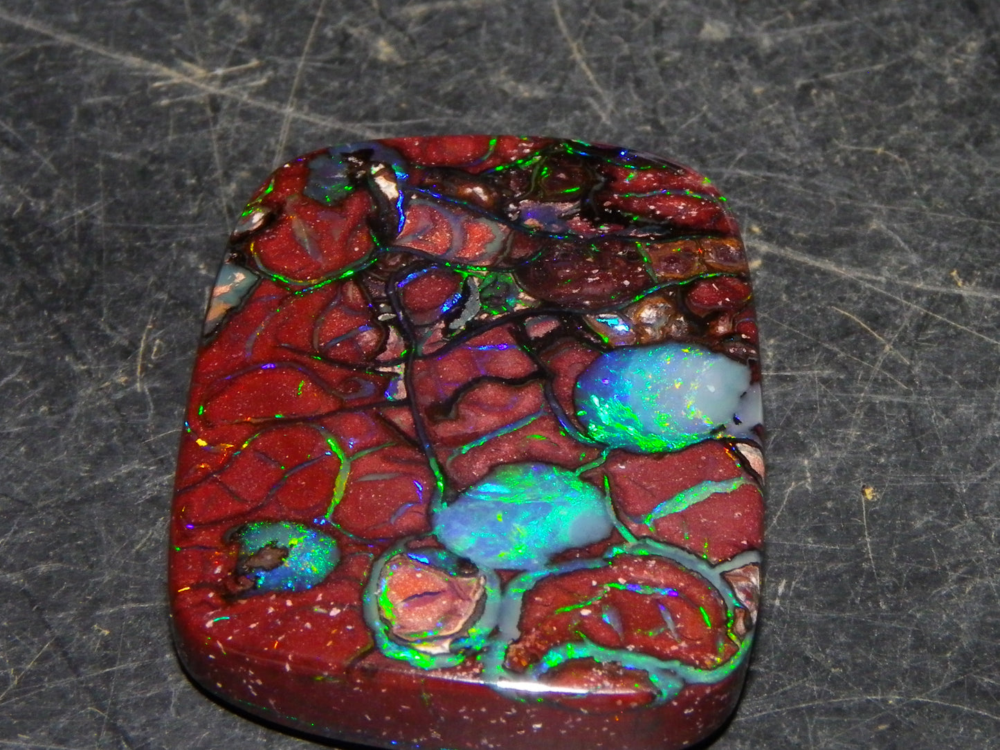 Unusual Gem Koroit Opal Cab 45.28cts Pools/Ponds of Opal Bright Green Veins Qld Australia
