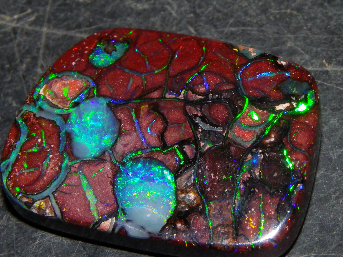 Unusual Gem Koroit Opal Cab 45.28cts Pools/Ponds of Opal Bright Green Veins Qld Australia