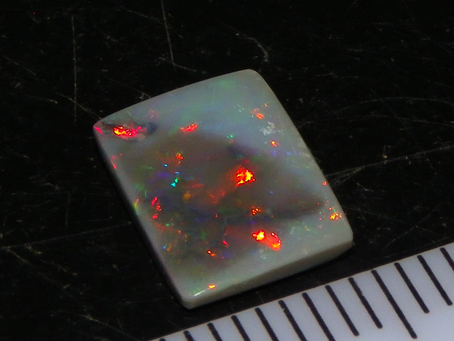 Gem Grey Lightning Ridge Opal Cab/Freeform Rectangle 1.53cts Red/Gold/Green Fires Ring