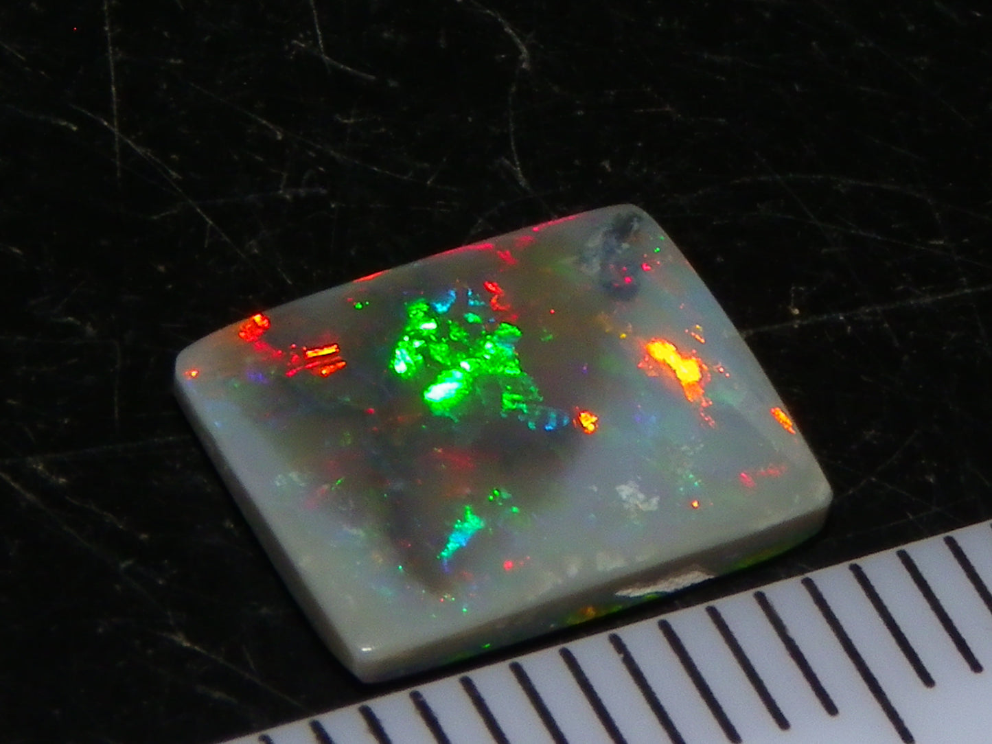Gem Grey Lightning Ridge Opal Cab/Freeform Rectangle 1.53cts Red/Gold/Green Fires Ring