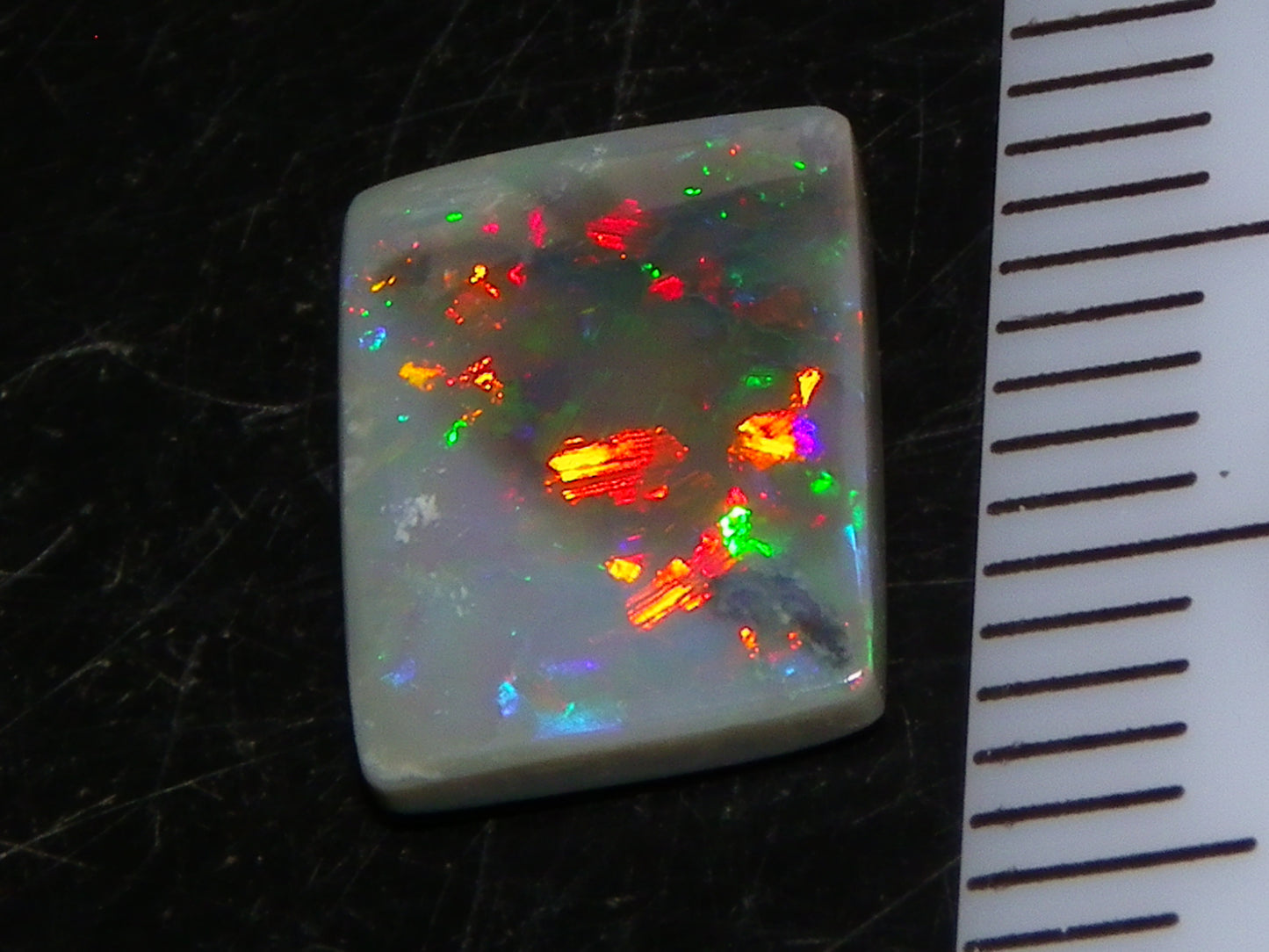 Gem Grey Lightning Ridge Opal Cab/Freeform Rectangle 1.53cts Red/Gold/Green Fires Ring