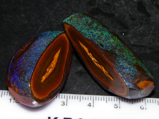 Very Nuce Rubbed Koroit Opal Sliced Nut Specimen Pair 267.5cts Blue/Green Pinfires Au
