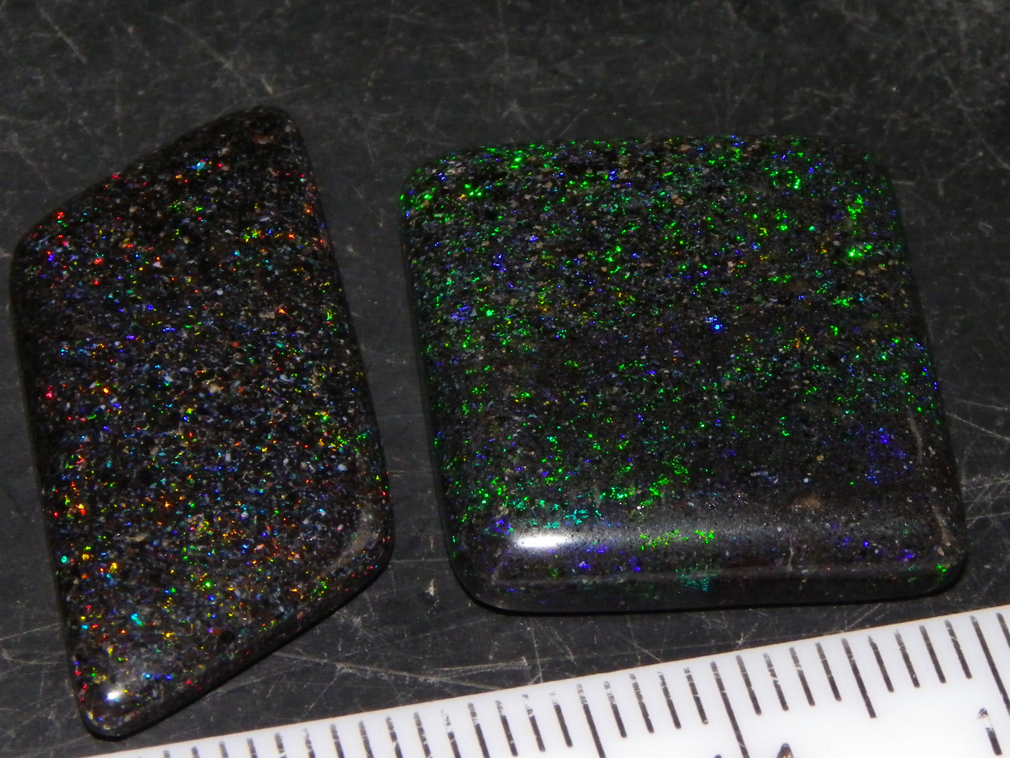 2 Nice Andamooka Matrix Opal Cabs 21.6cts Green/Blues/Red Fires Dark base Au