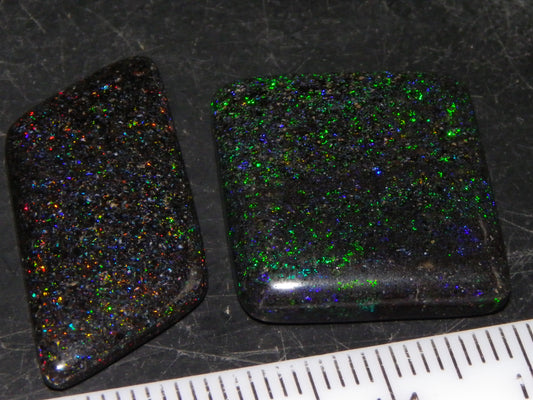 2 Nice Andamooka Matrix Opal Cabs 21.6cts Green/Blues/Red Fires Dark base Au