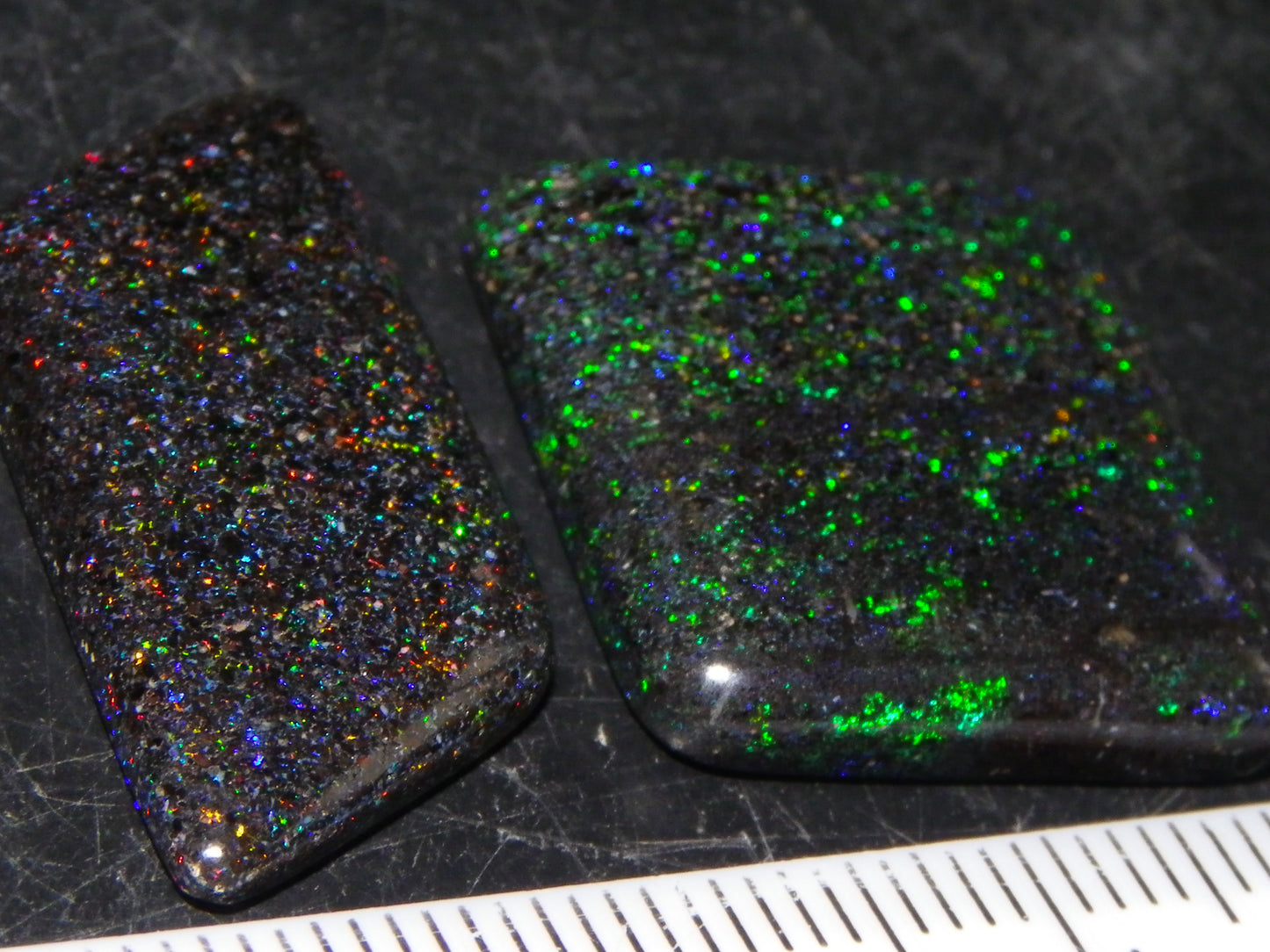 2 Nice Andamooka Matrix Opal Cabs 21.6cts Green/Blues/Red Fires Dark base Au