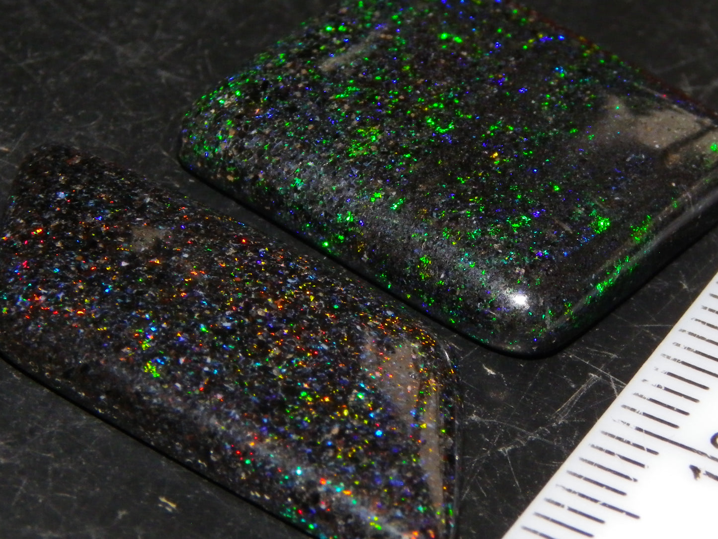 2 Nice Andamooka Matrix Opal Cabs 21.6cts Green/Blues/Red Fires Dark base Au