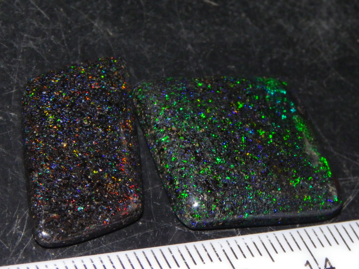 2 Nice Andamooka Matrix Opal Cabs 21.6cts Green/Blues/Red Fires Dark base Au