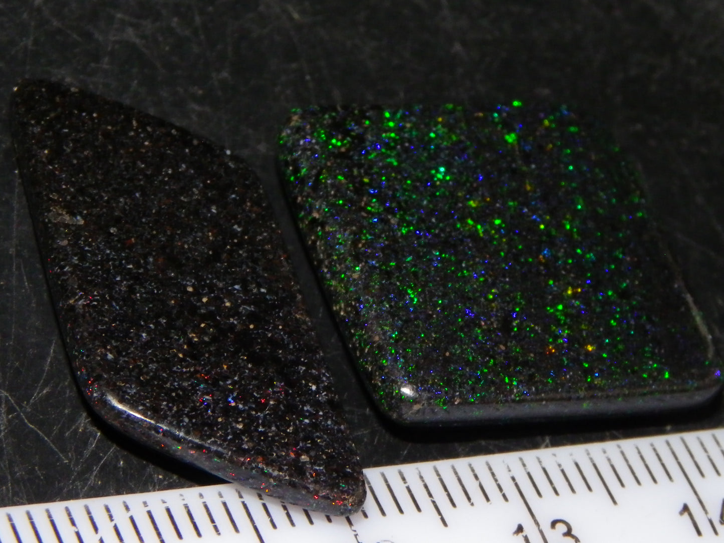 2 Nice Andamooka Matrix Opal Cabs 21.6cts Green/Blues/Red Fires Dark base Au