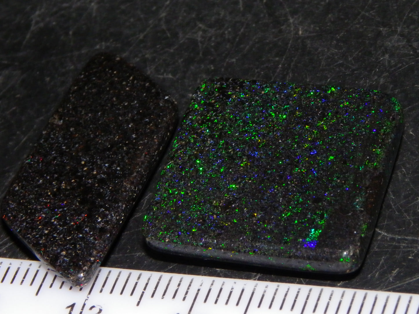 2 Nice Andamooka Matrix Opal Cabs 21.6cts Green/Blues/Red Fires Dark base Au