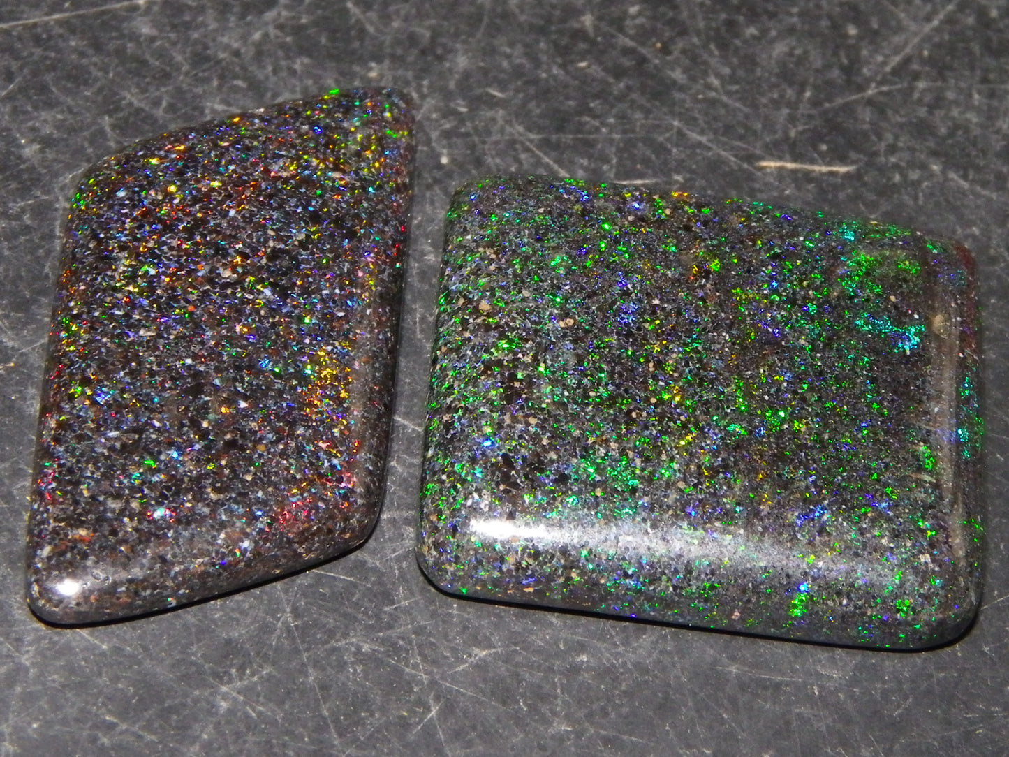 2 Nice Andamooka Matrix Opal Cabs 21.6cts Green/Blues/Red Fires Dark base Au